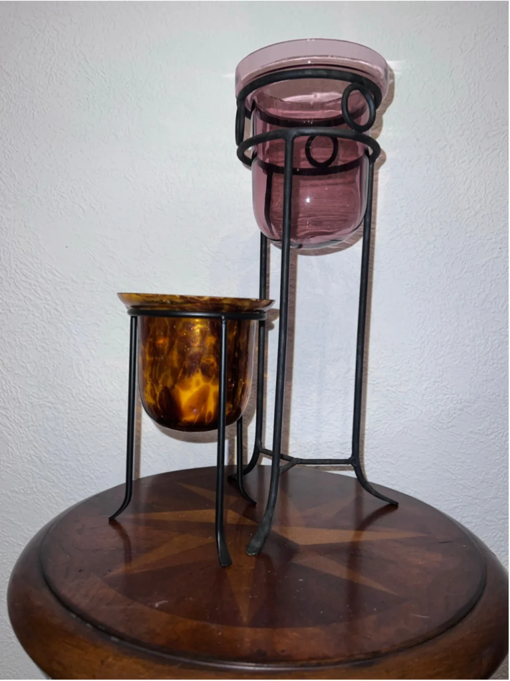 VTG Cheetah Leopard Candle Holder Amber Black Glass Metal Stand